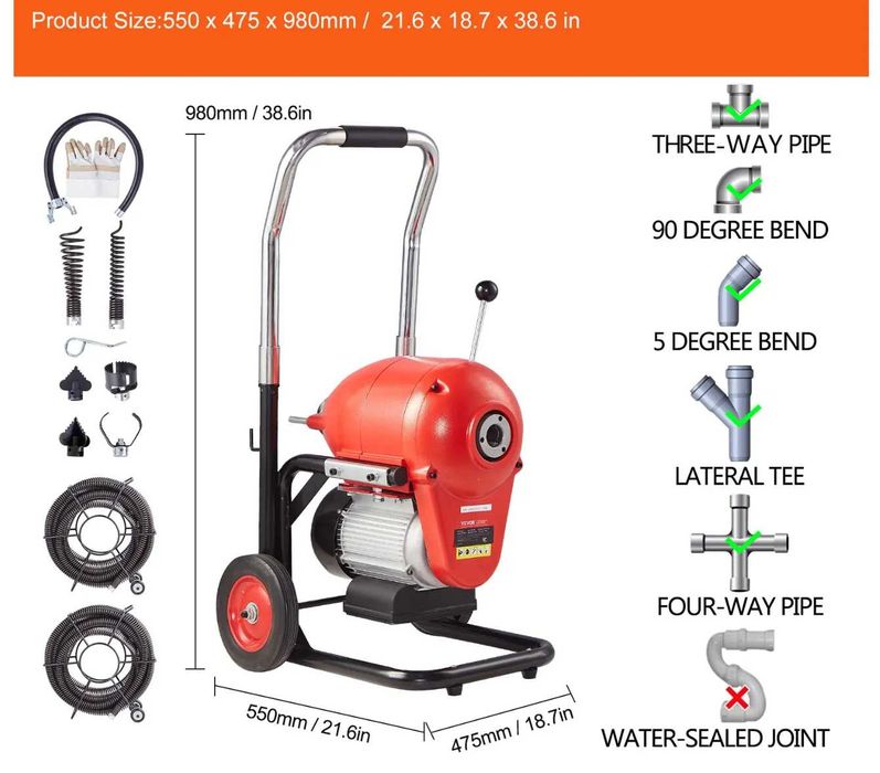 Masina electrica desfundat canalizari, cablu otel 36.6 m, motor 1100 W, 6 capete taiere interschimbabile