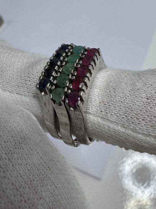 Set 3 inele argint 925, cu pietre pretioase (safir, smarald, rubin)