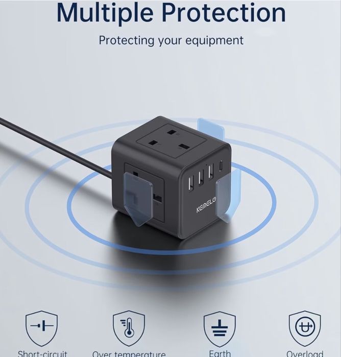 Prelungitor Cube 8-in-1 cu USB A&C și 3 prize AC, 1,5 m, negru