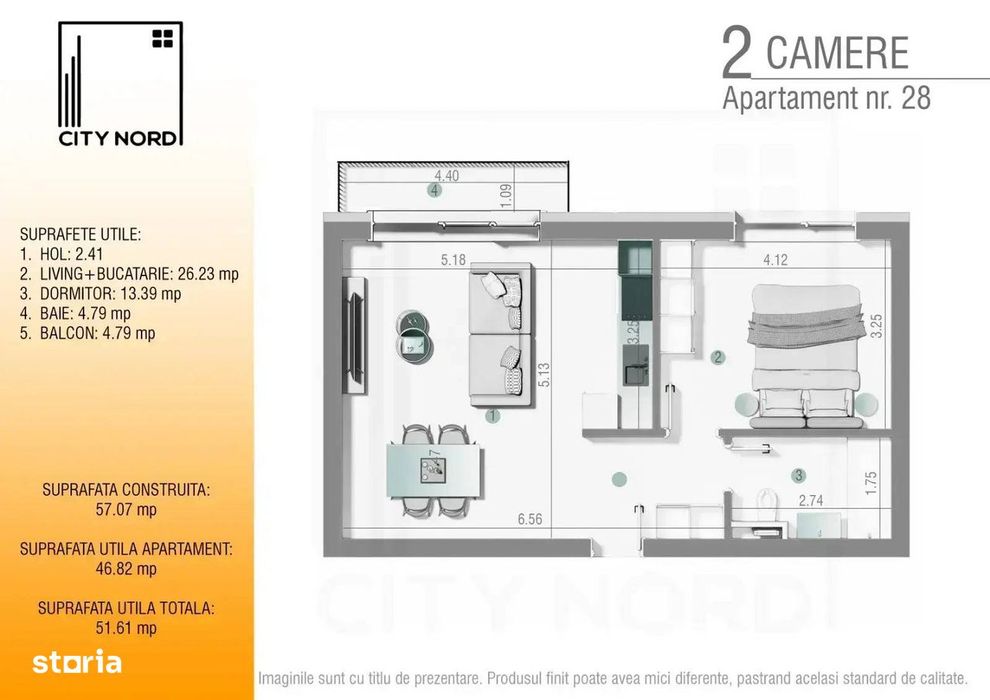2 camere - 51.6 mp totali-Bucătărie deschisa-CITY NORD Stefan cel Mare
