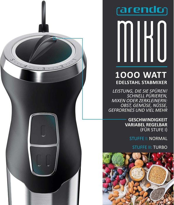 Arendo блендер 1000 вата от неръждаема стомана - нож с четири остриета