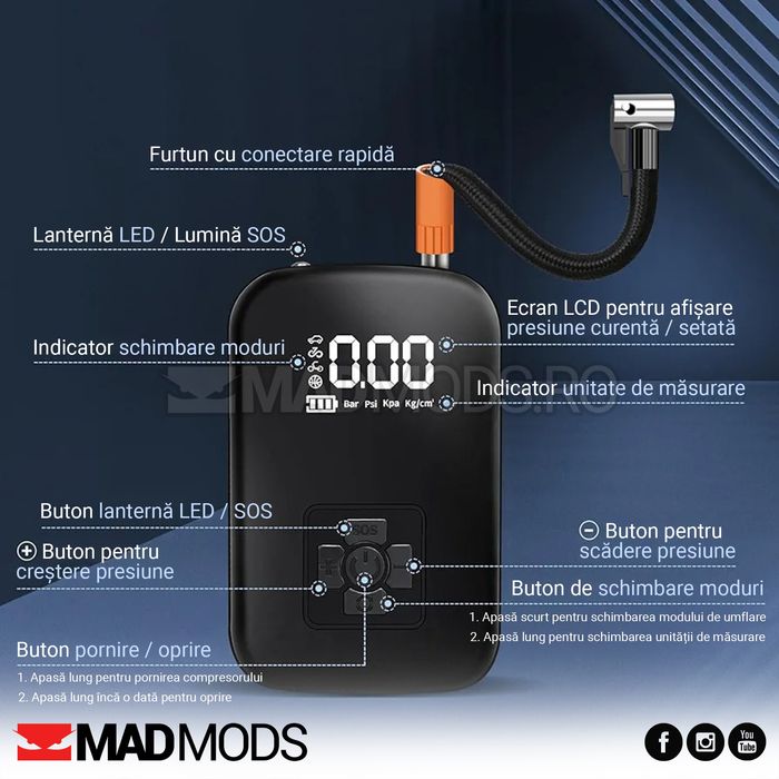 Compresor auto cu acumulator, 150 PSI, Afisaj digital, Lanterna, USB C
