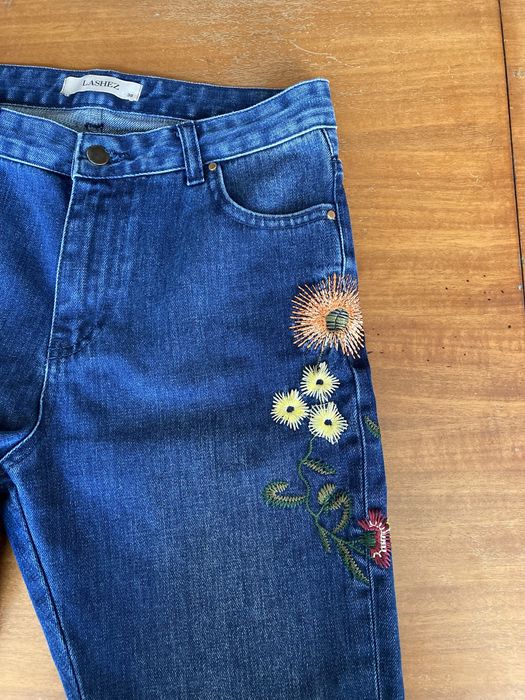 Blugi dama Lachez, M, albastri, cu flori brodate