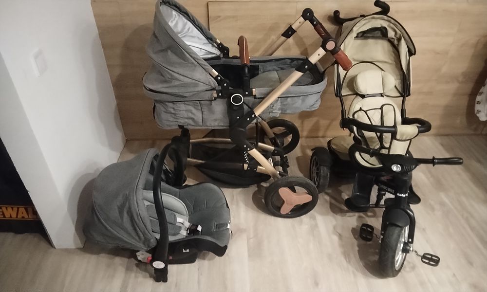 Carut cu landou si scoica, tricicleta tip carut, landou de interior