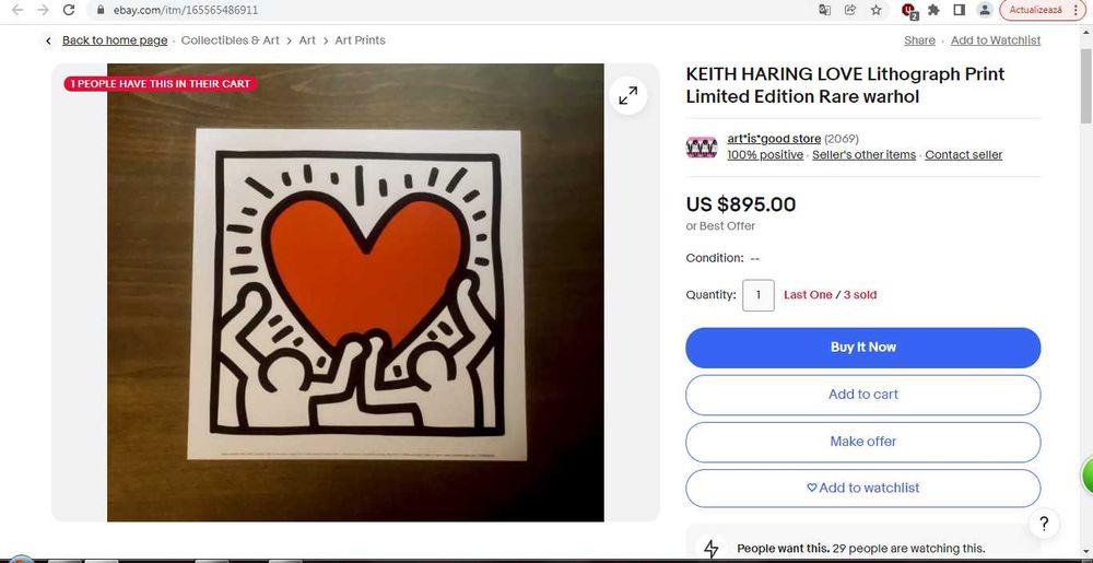 Cromolitografie Keith Haring, ’Red Heart’ | Tablou Deosebit, vechi