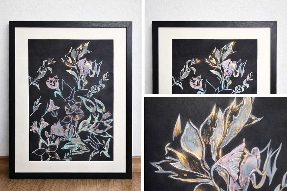 Tablou original floral, accente aurii, înrămat 50x60 cm