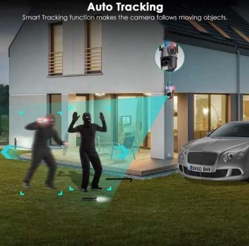 2бр. Двойна външна въртяща WiFi AI камера 8MP с 2 обектива,ICSee,Черна
