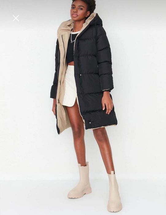 Двулицево зимно дълго яке – черно и бежово