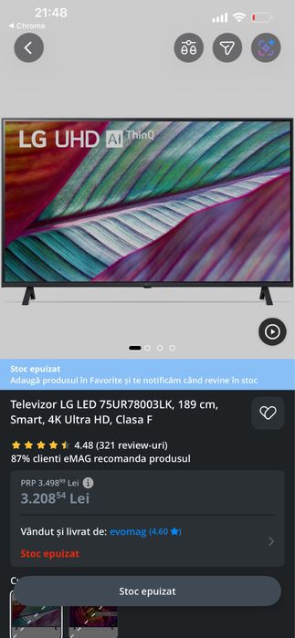 televizor smart lg 75ur78003lk 189 cm ultra hd 4k clasa f