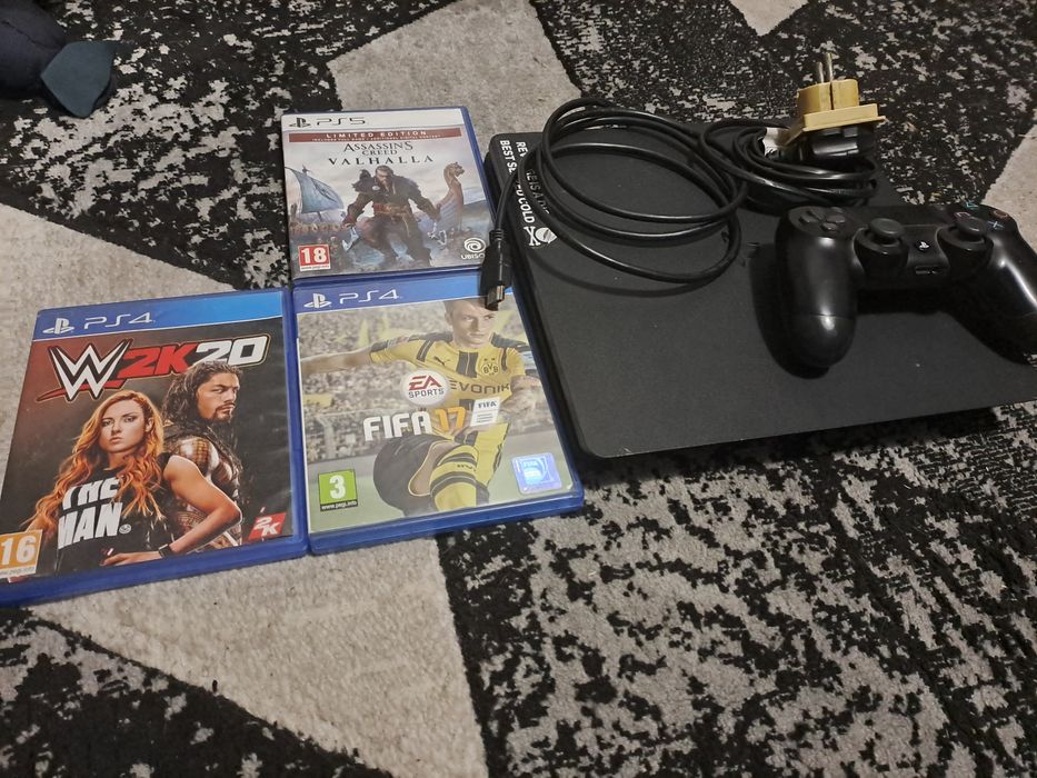 Playstation 4 slim, 2 jocuri, mentenanță făcută. Assassins creed valhalla ps5 bonus