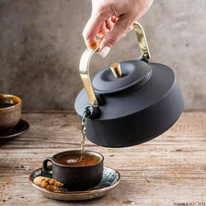 Ceainic din fonta cu strecuratoare, interior emailat, 1l, negru cu