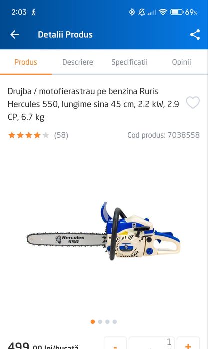 Drujba / motofierastrau pe benzina Ruris Hercules 550, lungime sina 45 cm