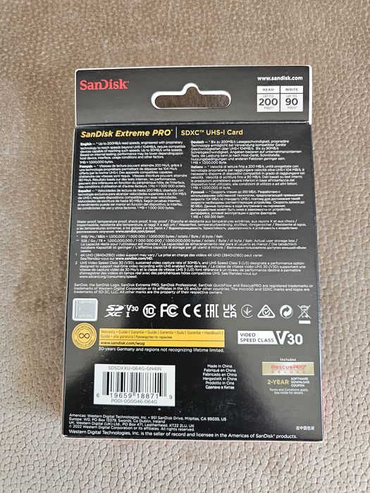 SanDisk Extreme PRO 64GB SDXC UHD-I Speed up to 200MB/s