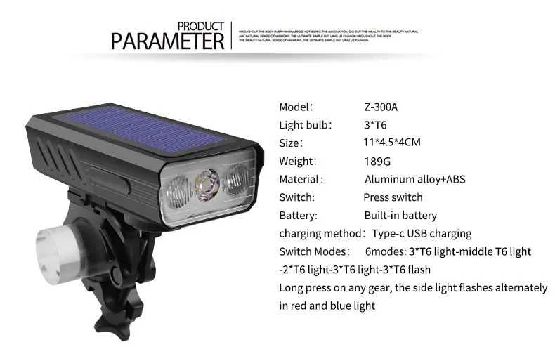Соларен фар за велосипед с 3*T6 диода, сирена 120dB, 3000Lm