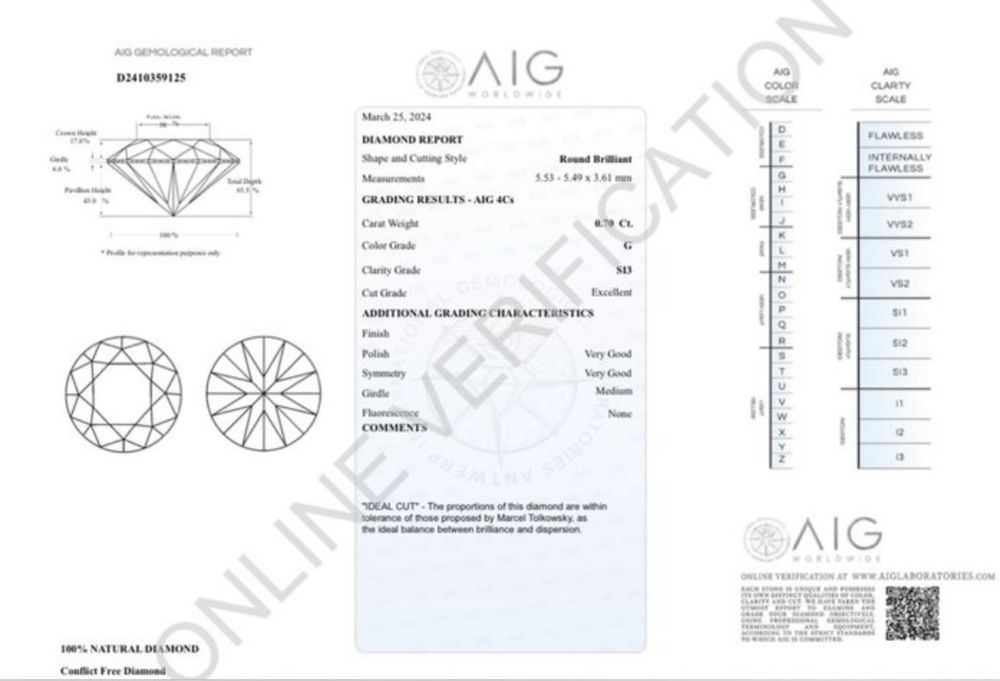 Диамант с AIG сертификат – 0.70 карата, G/SI3, Excellent Cut