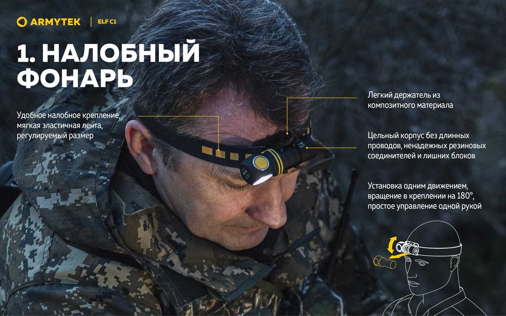 Налобный, водостойкий, противоударный мультифонарь Armytek Elf C1