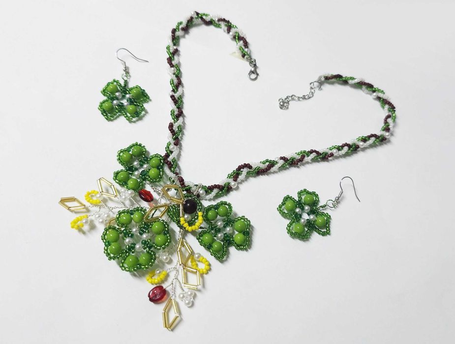 Set verde bijuterii noroc Trifoi cu 4 foi, colier, cercei, set unicat