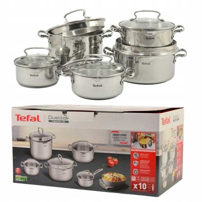 Set vase 10 piese Oale cu Capac TEFAL Duetto Plus G719SA74 din otel inox argintiu Gaz, Electric, Vitroceramic, Inductie, Halogen nou sigilat