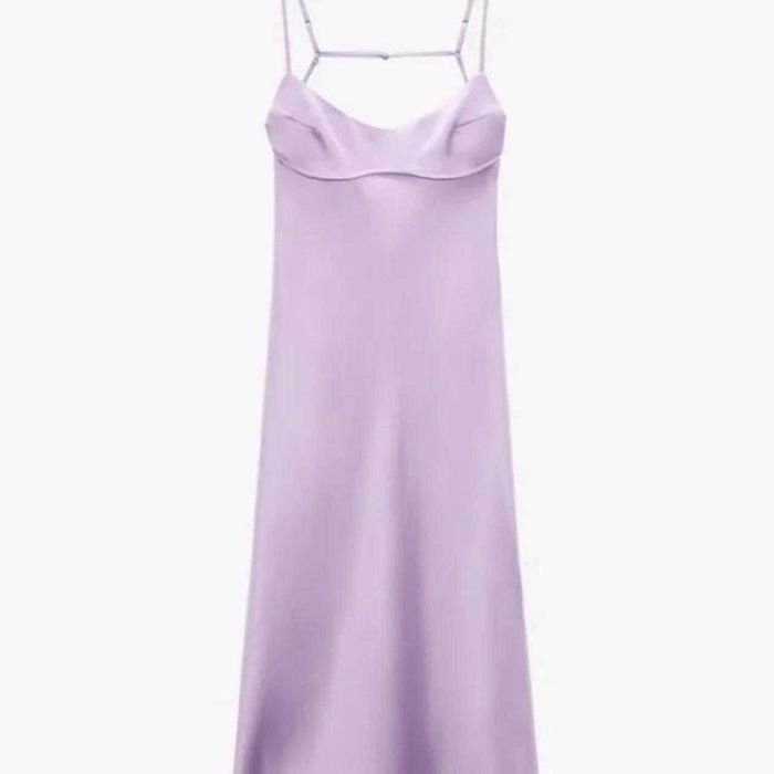 Rochie midi spate gol Zara liliac mov deschis pudra pastel satinată cu bretele