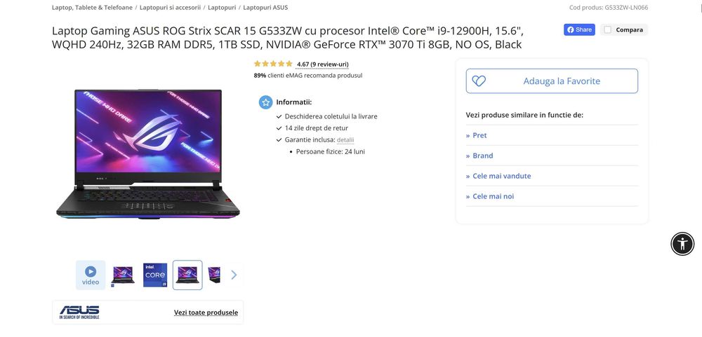 Laptop ASUS Gaming ROG Strix SCAR 15 G533ZW I9-12900H RTX 3070TI 240hz