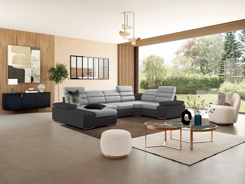 NOU Colțar U form XXL, 360cm, CREAM/ GRI, extensibil, ladă depozitare