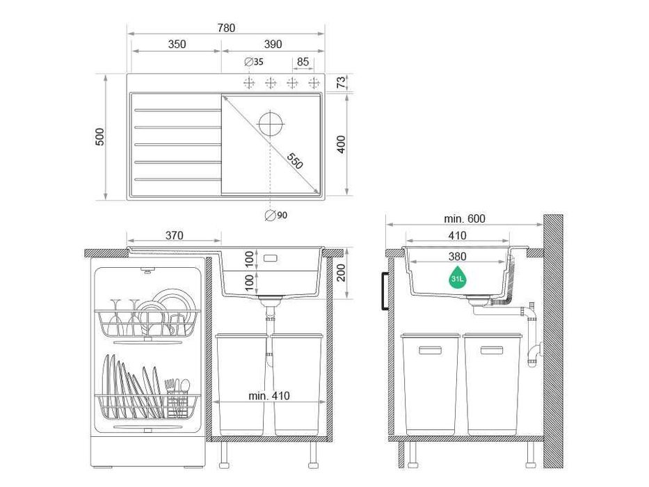 Черна гранитна кухненска мивка Сидни 780-45 Ergo Multilevel 780х500