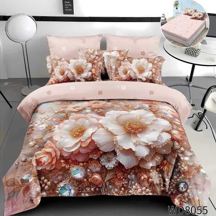 Флорален комплект с ластик, 100% памук 1 бр. х плик за завивка 200 x 230 cm 1 бр. х долен чаршаф с ластик 180 х 200 cm + 25 cm 2 бр.  калъфки 55 x 80