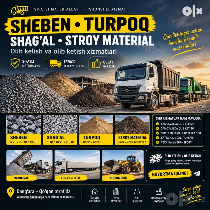 Sheben, Shag‘al, Turpoq Samosval Xizmati — Qulay Narxda!