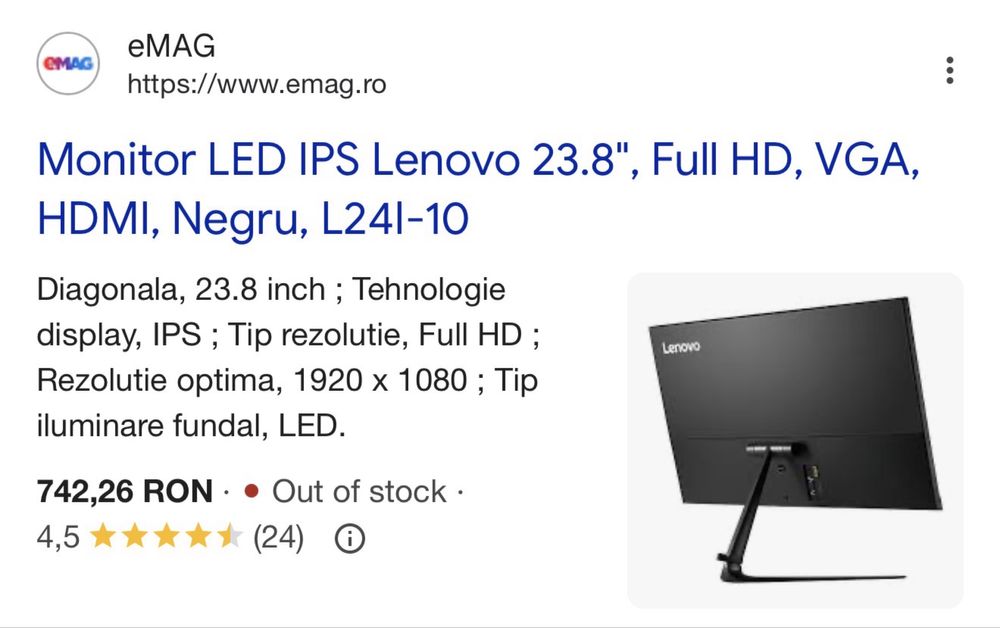 Monitor LED IPS Lenovo 23.8", Full HD, VGA, HDMI, Negru, L24I-10