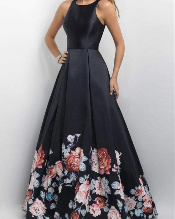 Rochie de ocazie lunga neagra din tafta cu imprimeu floral