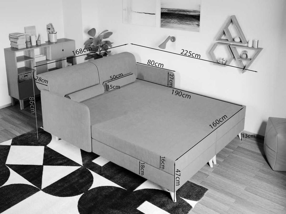 Divan dublu / Pat matrimonial tapitat Gri Deschis Round Rabatabil