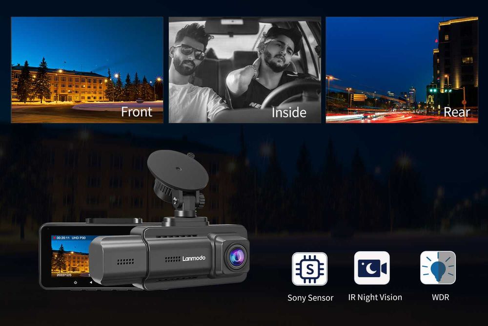 Camera Auto 3 Canale 4K Lanmodo D1(Fata+Interior+Spate)GPS & WiFi 5GHz