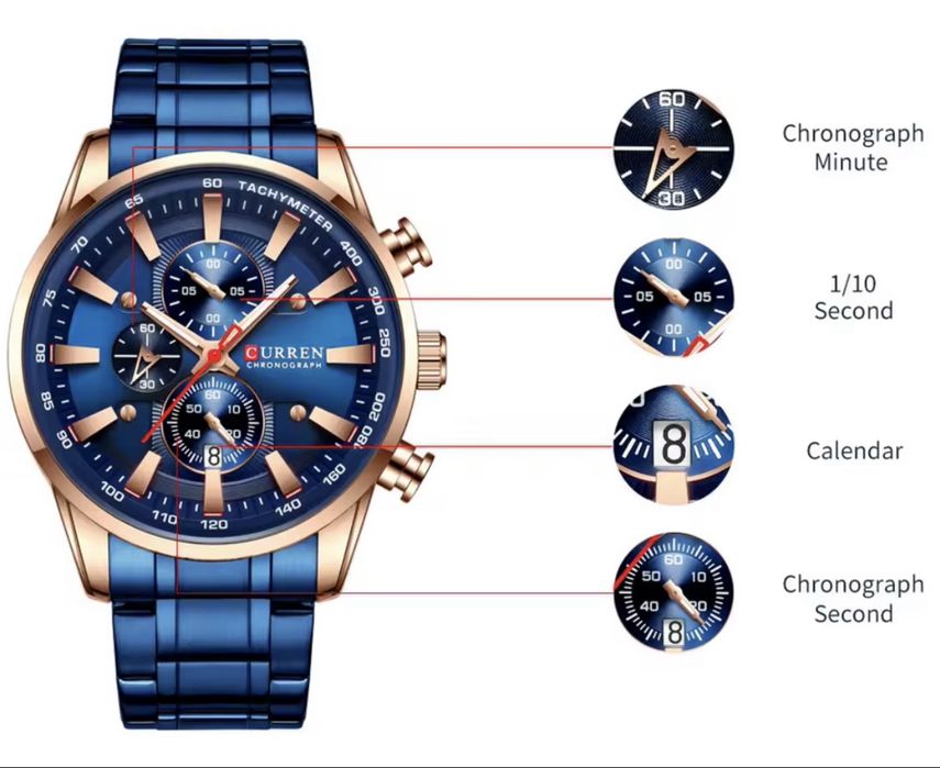 Мъжки ,син спортно/елегантен кварцов часовник-хронограф Curren•Stills”