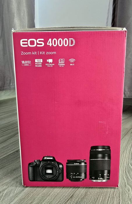 Aparat foto DSLR CANON EOS 4000D, 18 MP, Wi-Fi, negru + Obiectiv 18-55mm + Obiectiv 75-300mm + card de memorie  128GB  + geanta! Ca nou!