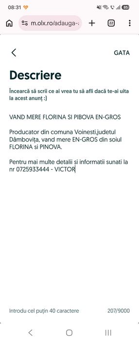 VAND MERE FLORINA, PINOVA - Voinesti , jud Dâmbovița