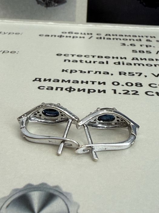Златни обеци 14К 585 с естествени сапфири 1.22 ct и диаманти 0.08 ct – 3.60 г