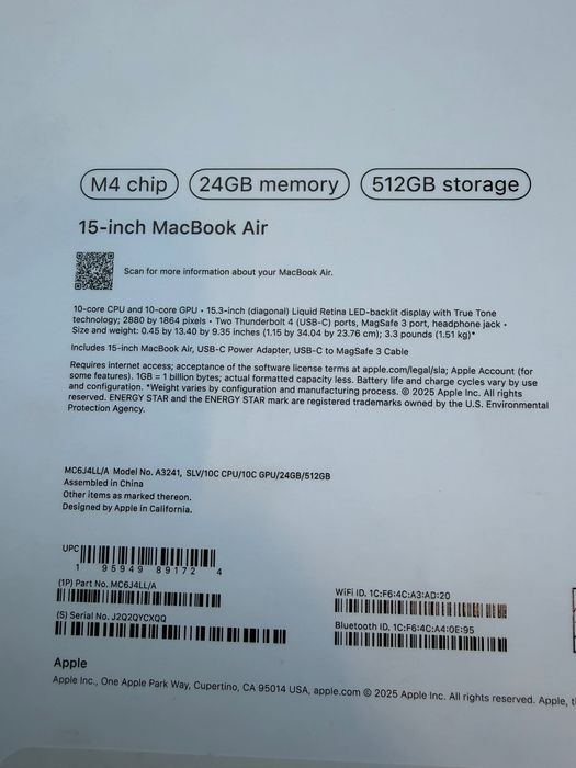 Apple Macbook Air 15 M4 chip 24/512Gb “Silver” A3241