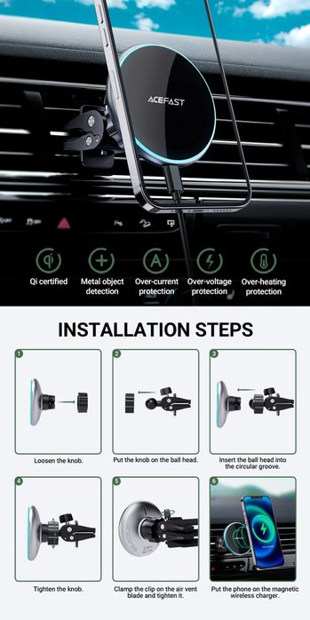 Acefast D3 Магнитный Авто Держатель 15W MagSafe iPhone 14 & 15 Series