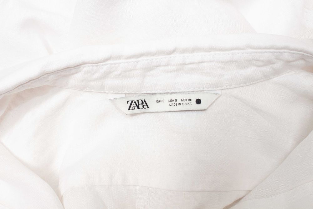 Zara дамска риза бяла ленена кроп овърсайз модел 100% лен S