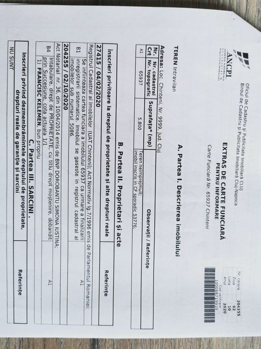 Vând teren intravilan Chinteni 5800 mp 45 euro / mp