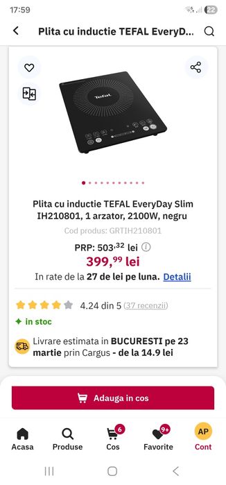 Plita cu inductie TEFAL EveryDay Slim IH210801, 1 arzator, 2100W, negr