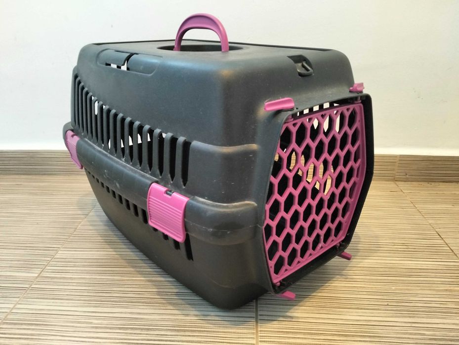 Cușcă transport animale pisică/câine, gri cu roz, foarte spațioasă și rezistentă Tel. 0740616525