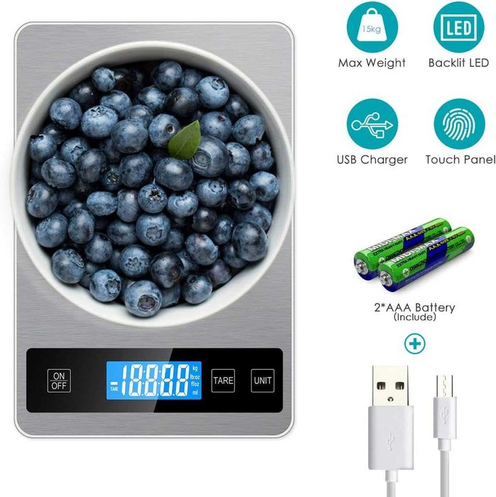 Акумулаторна кухненска везна 15 кг Лед с иноксово покритие