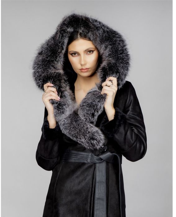 Cojoc din blană de miel cu glugă de vulpe argintie Geronimo