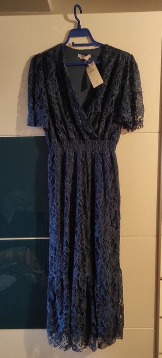 Нова синя, дантелена, елегантна рокля - L размер