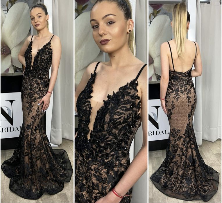 Бална дълга рокля с черна дантела и телесна основа