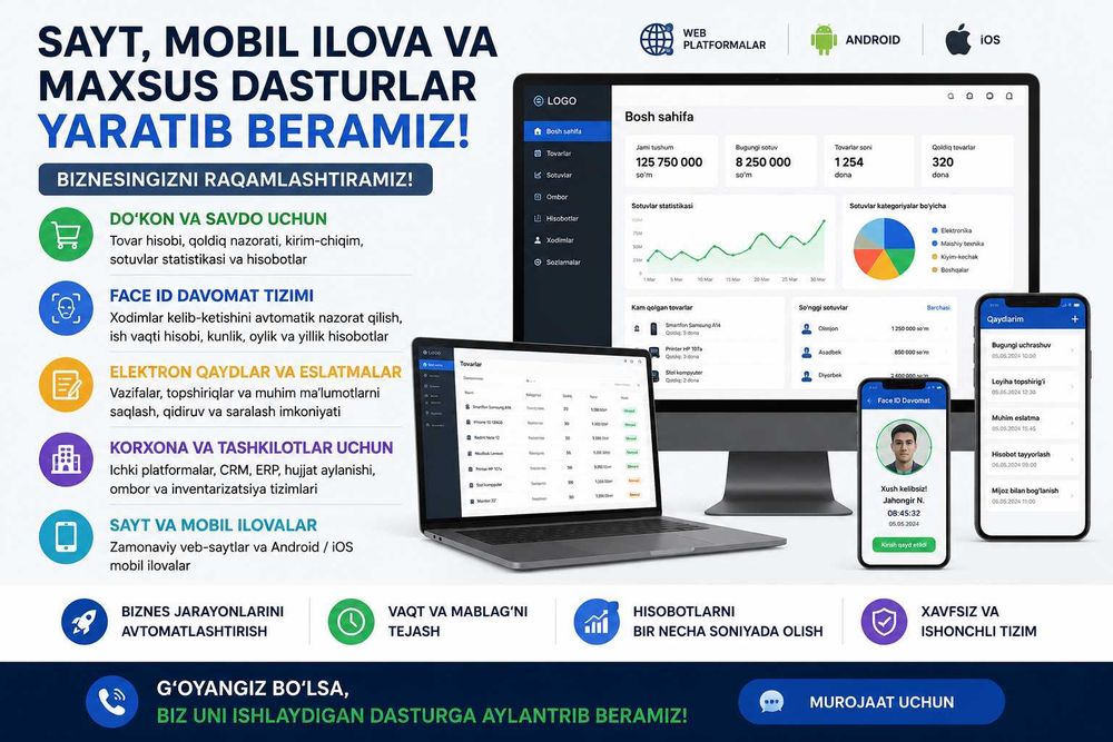 Biznesingiz  uchun zamonaviy dastur va platformalar yaratib beramiz!