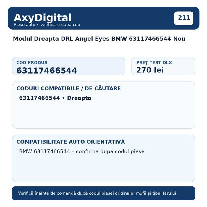 Modul Dreapta DRL Angel Eyes BMW 63117466544 Nou