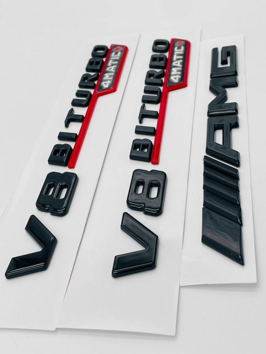 Set embleme compatibile Mercedes V8 biturbo 4matic+ AMG rosu