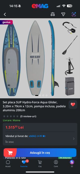 Set placa SUP Hydro-Force Aqua Glider, 3.20m x 79cm x 12cm, pompa inclusa, padela aluminiu 200cm